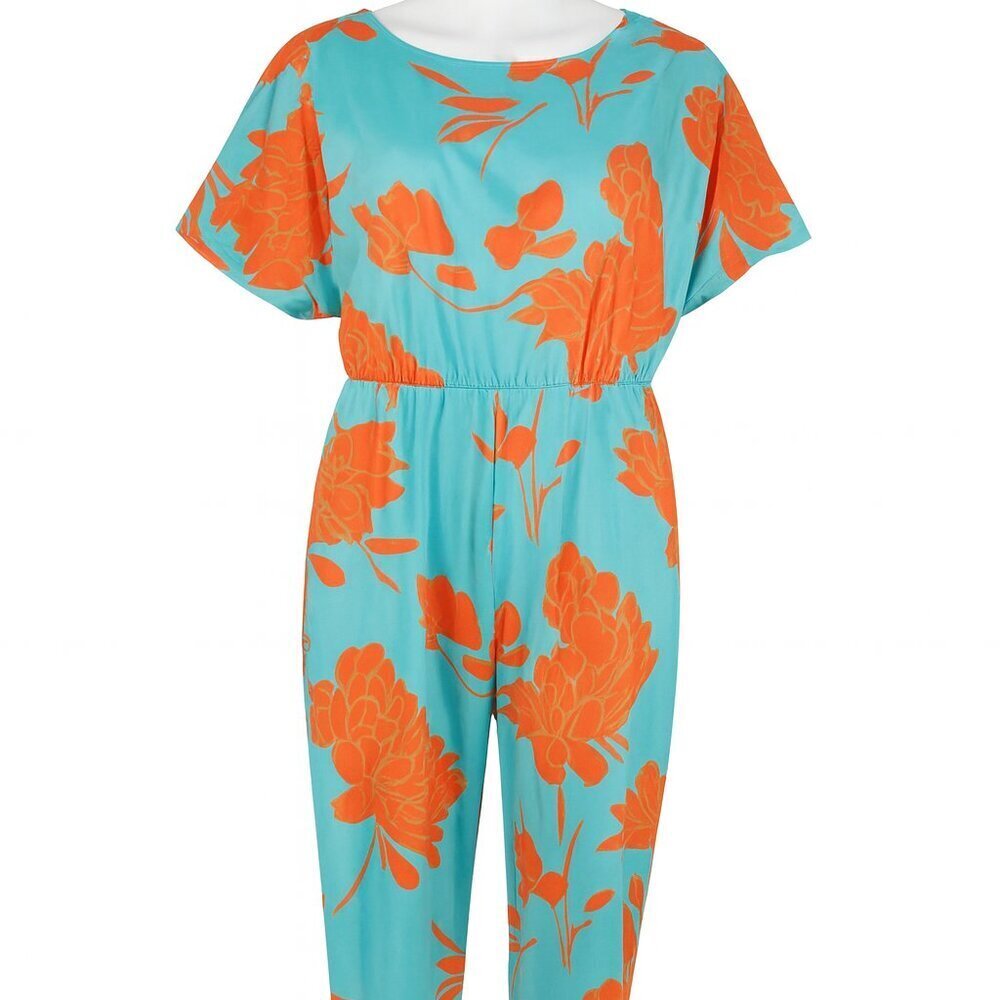 ChicMe Vibrant Teal Orange Tropical Floral Short Sleeve Jumpsuit Large